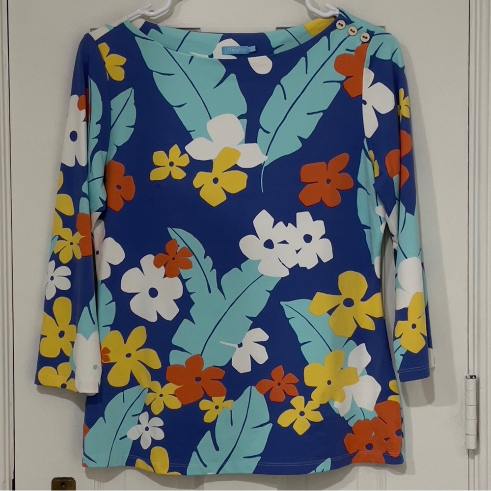 J. McLaughlin Blue Tropical Floral Knit Top – Size S Like New Shirt